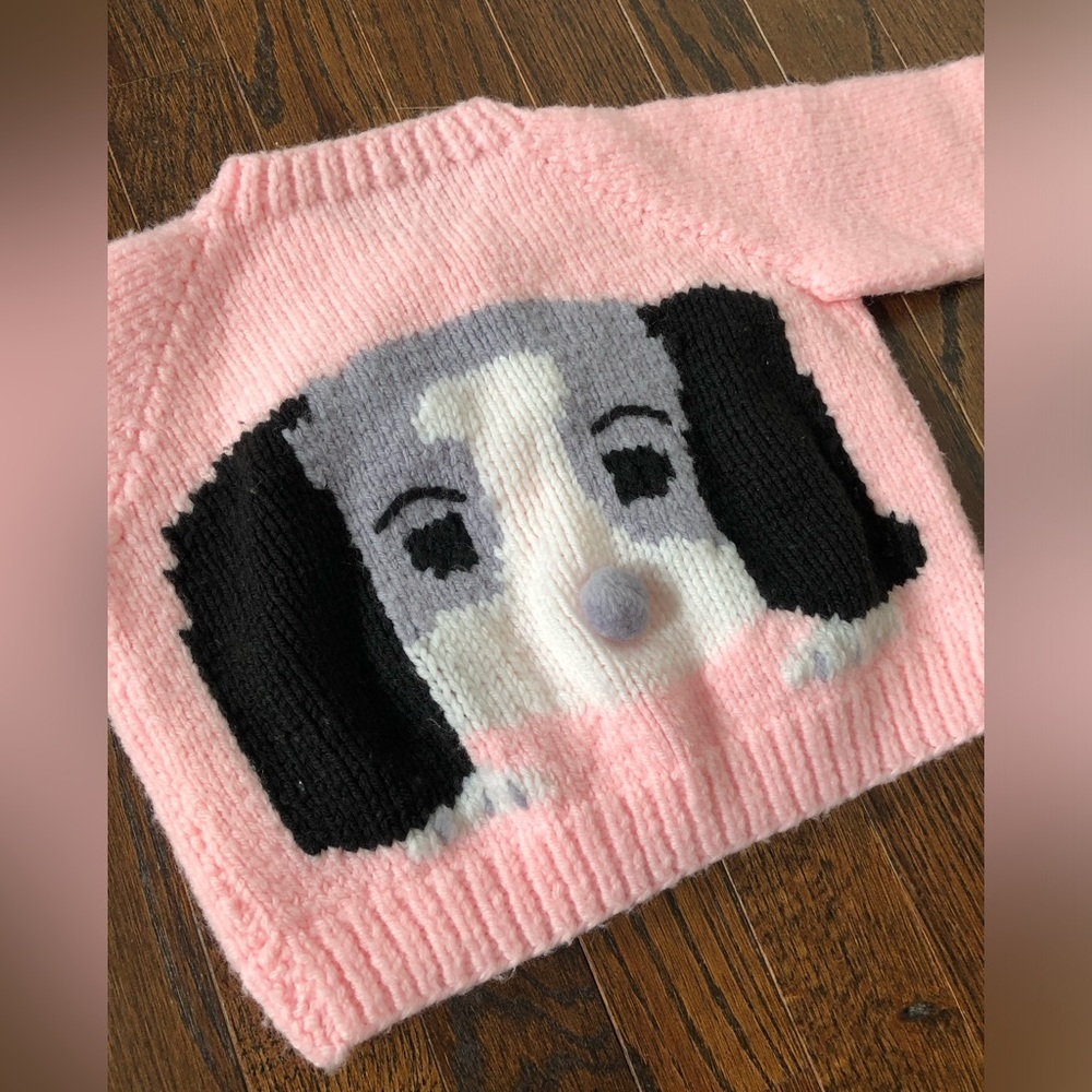 Vintage Girls 2-3Y Light Pink/White Handmade Crocheted Sweater w/Dog on Back - Picture 8 of 9
